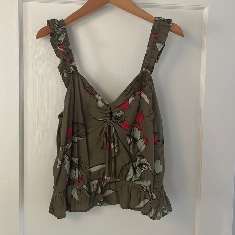 Woven tank with ruffle strap